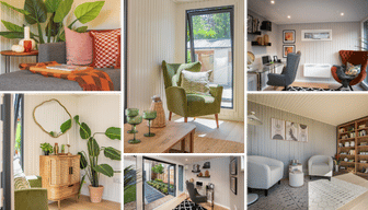 Collage of modern interior garden room and summerhouse decor, featuring green plants, natural sideboards and furnishings alongside dark grey soft furnishings and geometric patterns